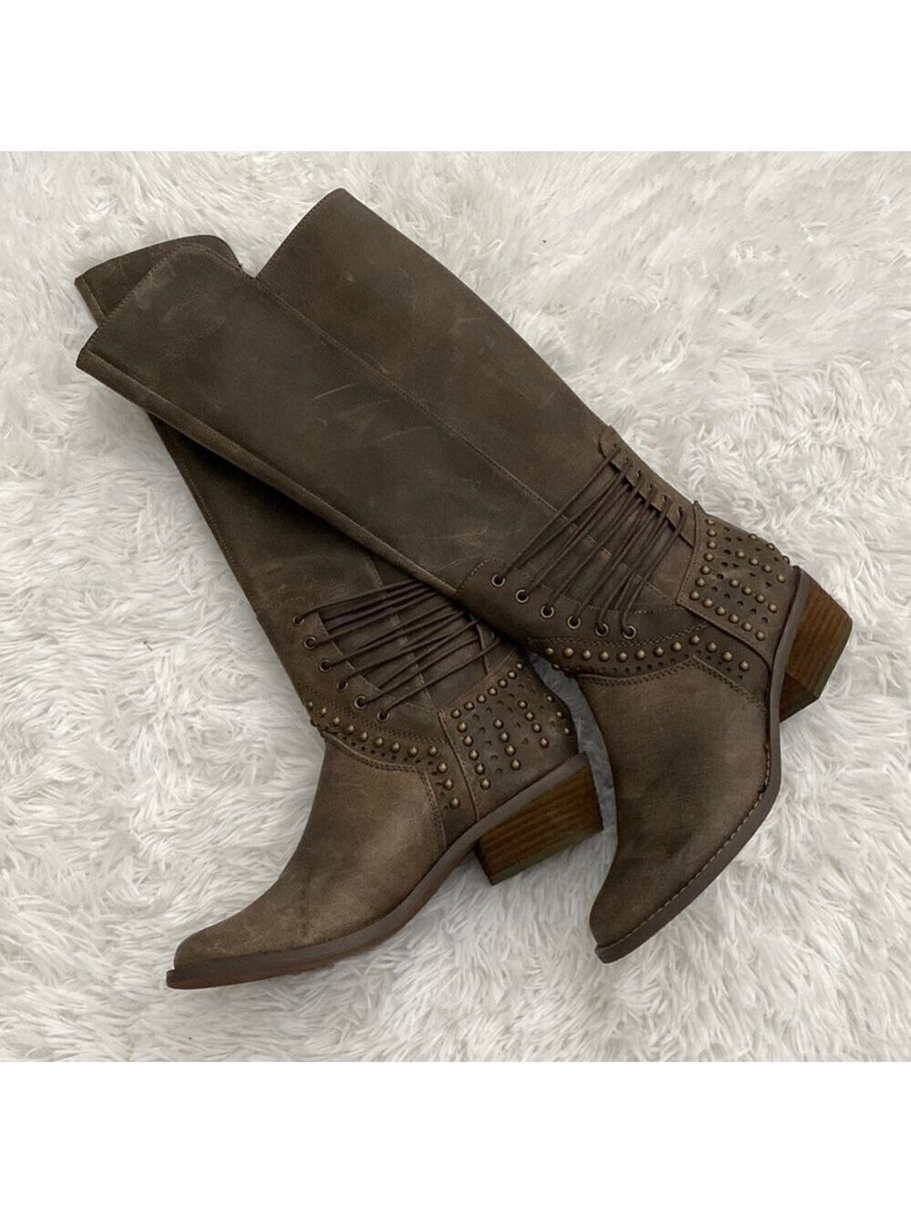 Not Rated weathered brown grommet & stitched riding boot